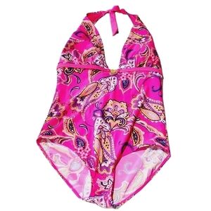 JACLYN Smith Plus Size Pink Paisley One Piece Tie Backs Swim Suit Size 14